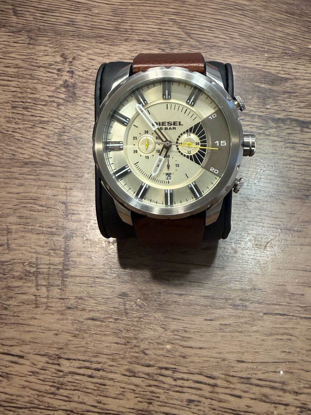 Diesel Men's Brown Leather Strap Watch with Cream Dial and Silver Case